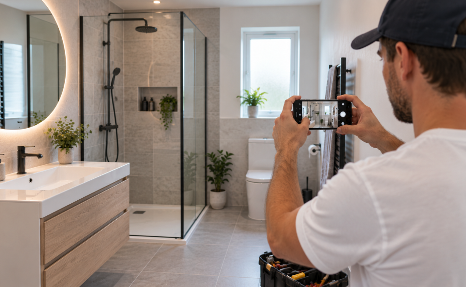 A tradesperson photographing a finished bathroom with a phone
