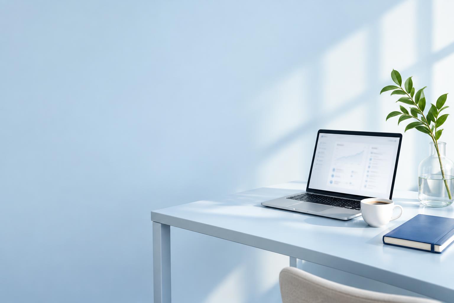 A bright solo-business workspace with a laptop, coffee and a notebook